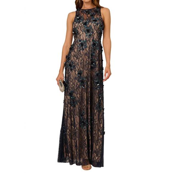 ADRIANNA PAPELL Dresses & Skirts - NEW ADRIANNA PAPELL sequin lace overlay sheath gown dress in midnight multi nude